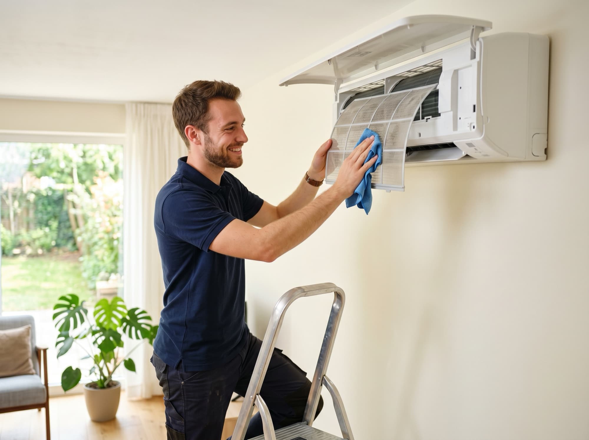 Technicien Stelair nettoyant le filtre d'une climatisation murale