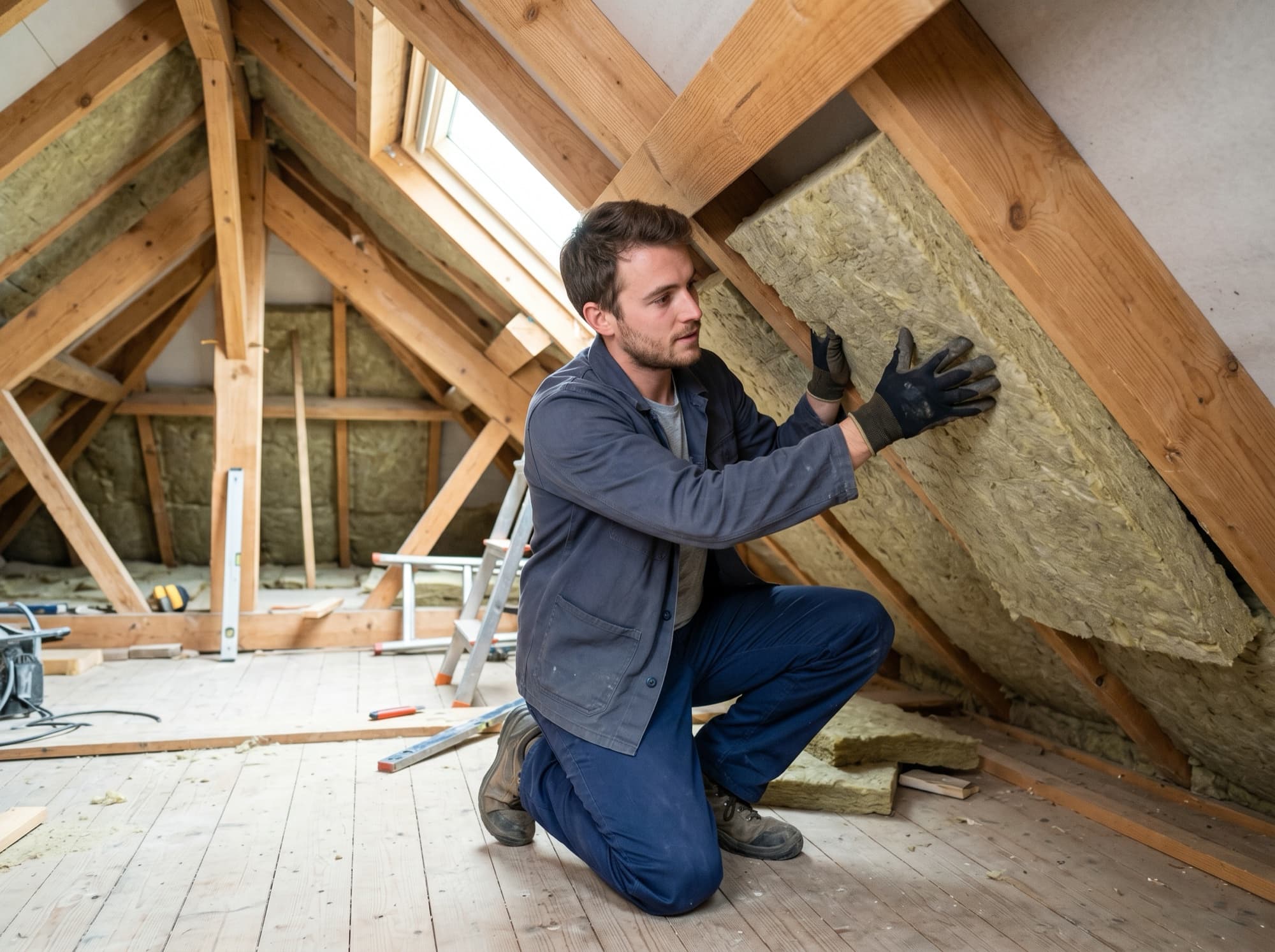Installateur Stelair posant de l'isolation dans un comble