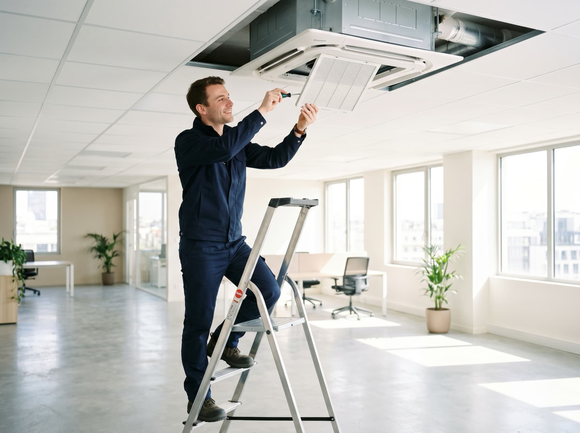 Technicien Stelair intervenant sur une cassette de climatisation dans un bureau hors heures d'ouverture