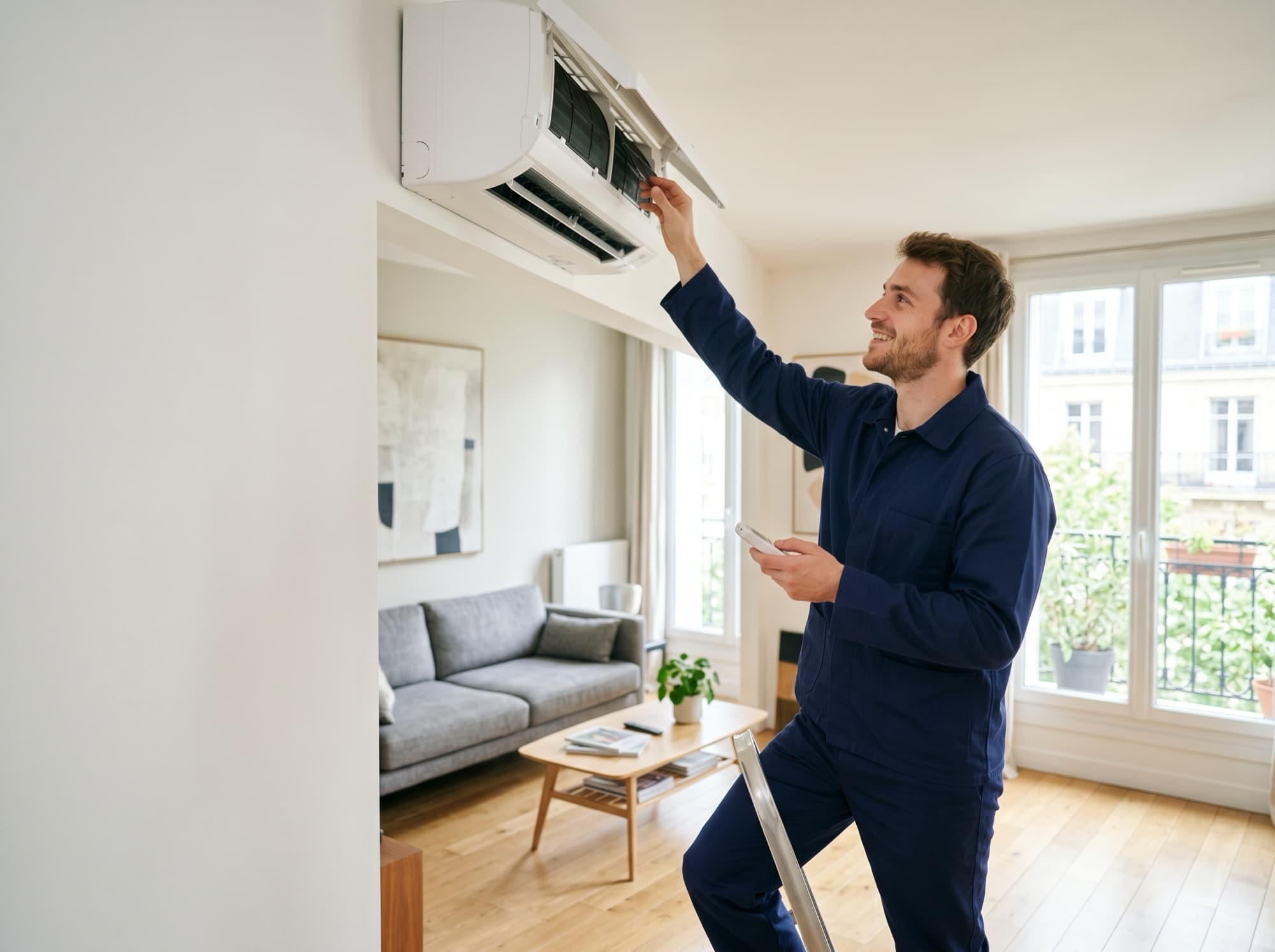 Techniciens Stelair installant une unité extérieure de climatisation sur le toit d'un immeuble