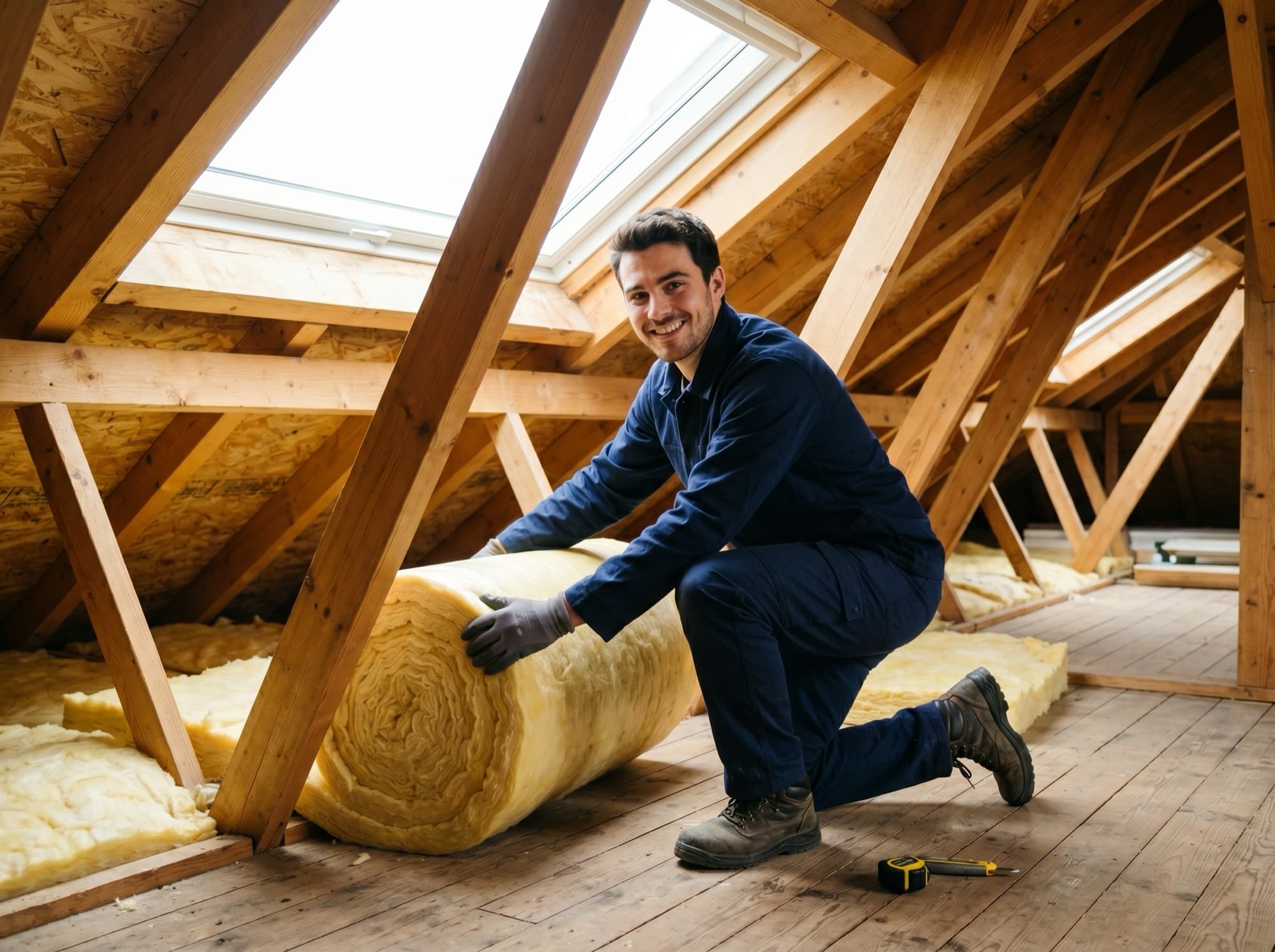 Ouvrier Stelair posant des panneaux d'isolation thermique par l'extérieur (ITE) sur la façade d'une maison