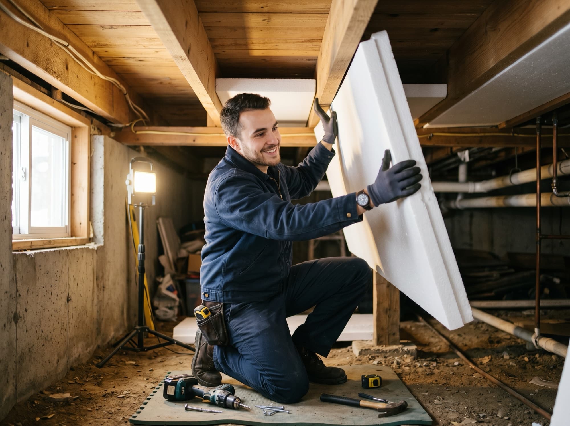 Pose d'isolation en sous-face d'un plancher sur vide sanitaire