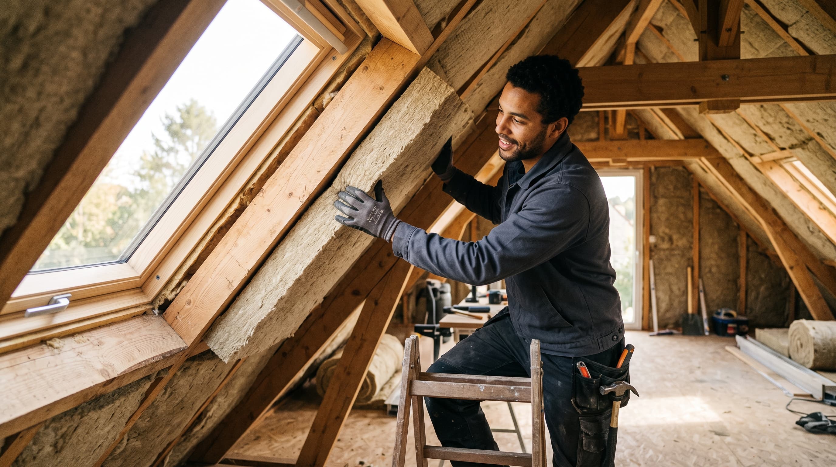 Installateur Stelair posant de l'isolation dans un comble
